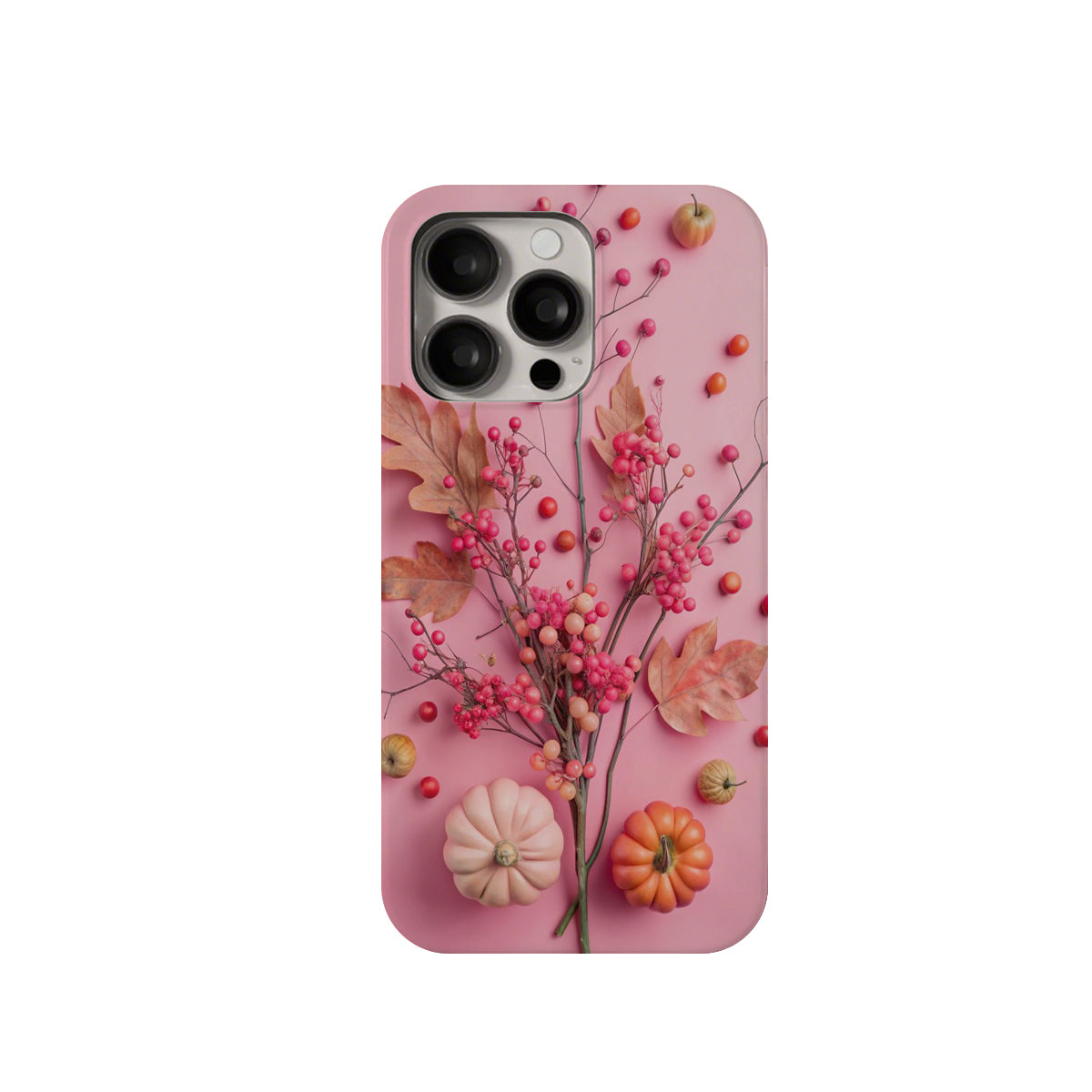Phone case with floral and pumpkin design on a pink background