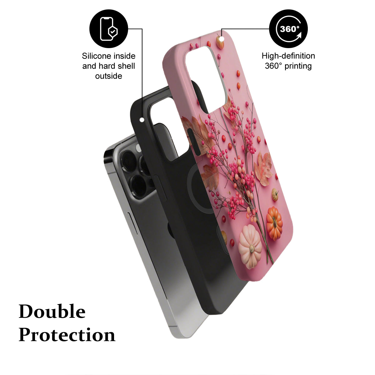 Phone case with floral design, highlighting features like silicone inside and hard shell outside, and 360-degree printing.