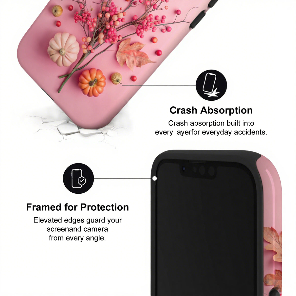 Phone case with floral design and text highlighting crash absorption and protection features.