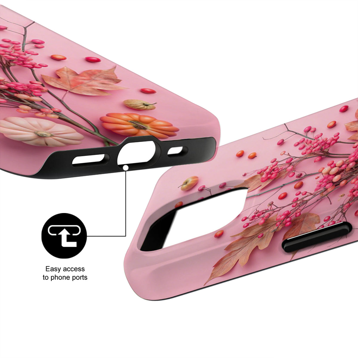Pink floral phone case with clear back and side views on a white background
