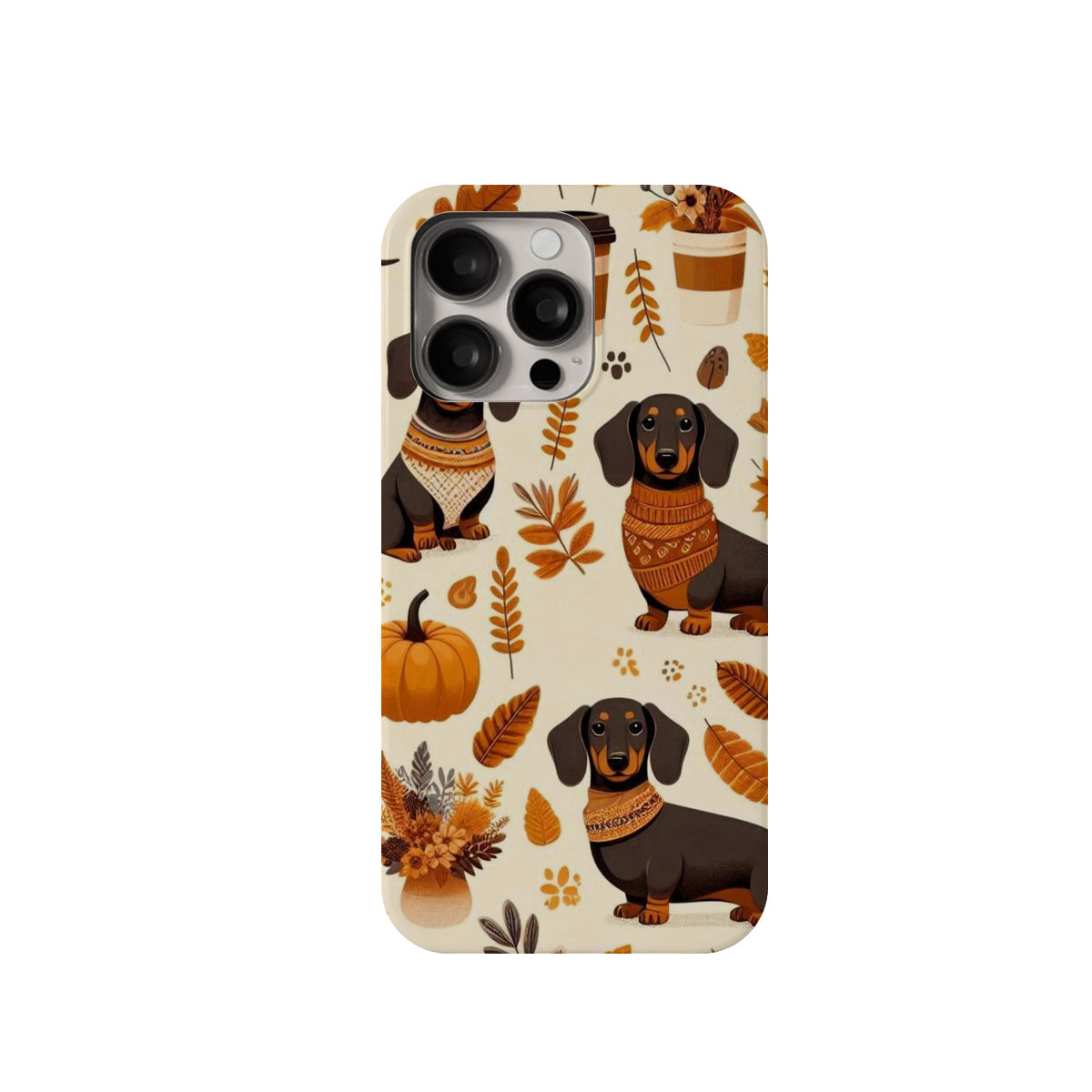 Phone case with dachshund dogs and autumn leaves design on a beige background