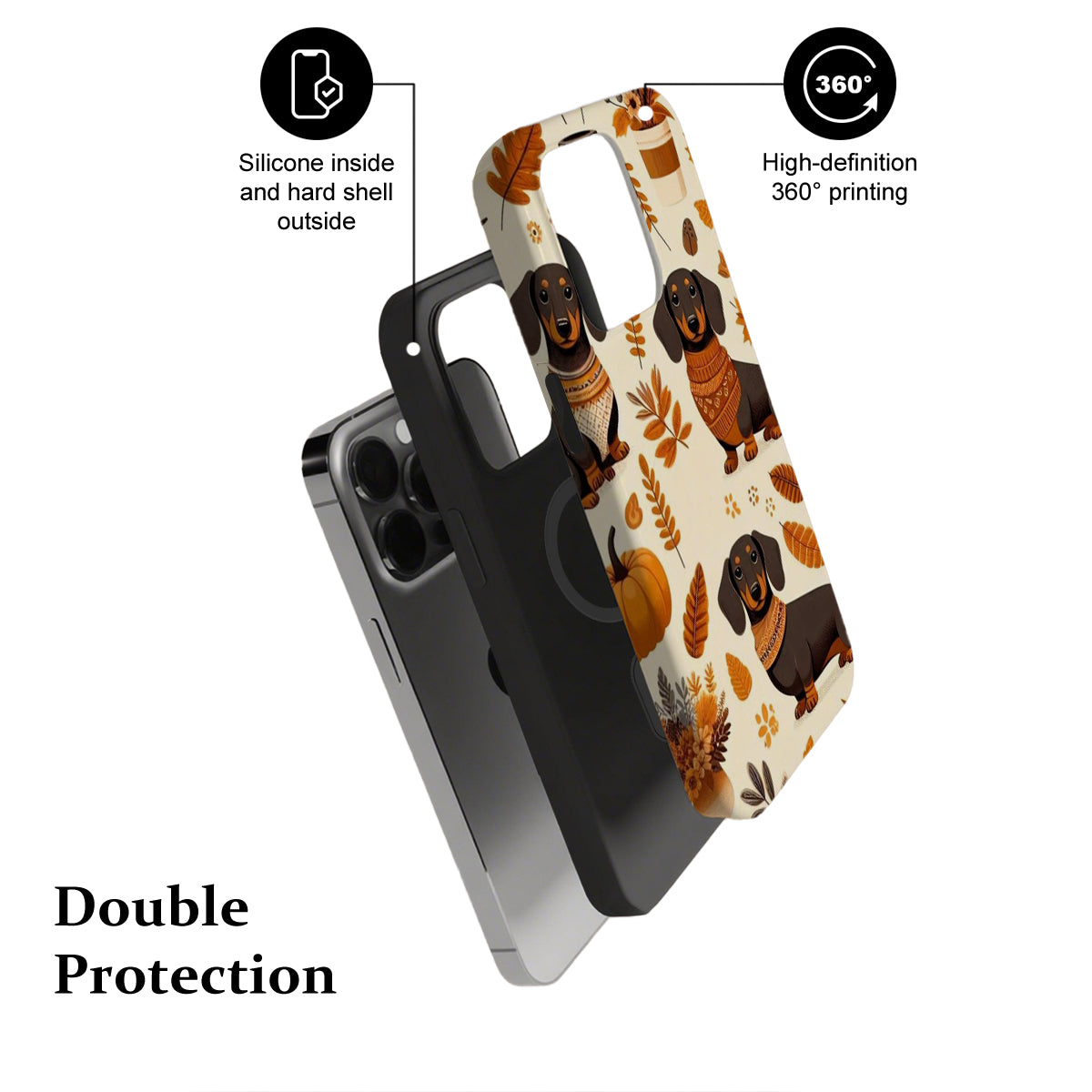 Phone case with dachshund design and text highlighting features on a white background