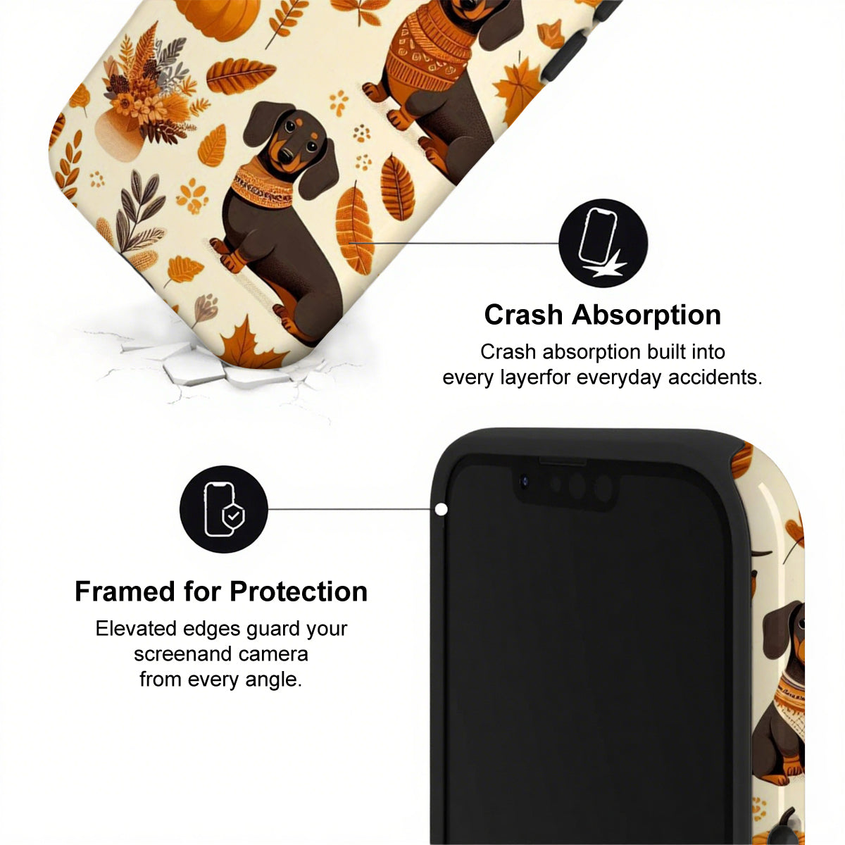 Phone case with dachshund design and text about crash absorption and protection.