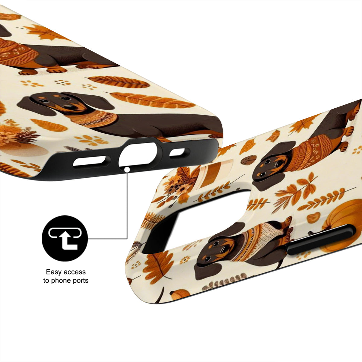 Phone case with dachshund design and easy access to phone ports feature
