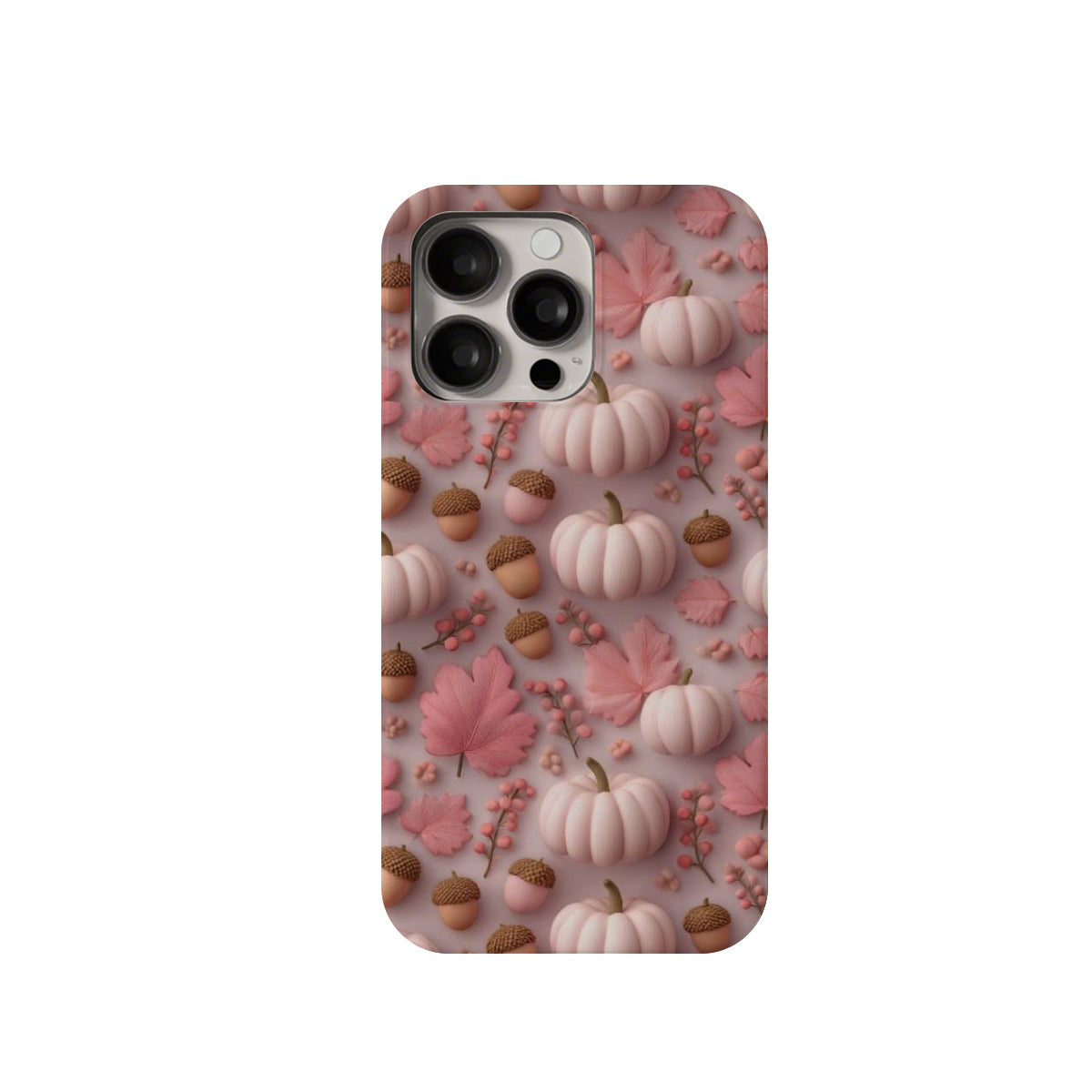 Phone case with pumpkins, acorns, and leaves on a pink background