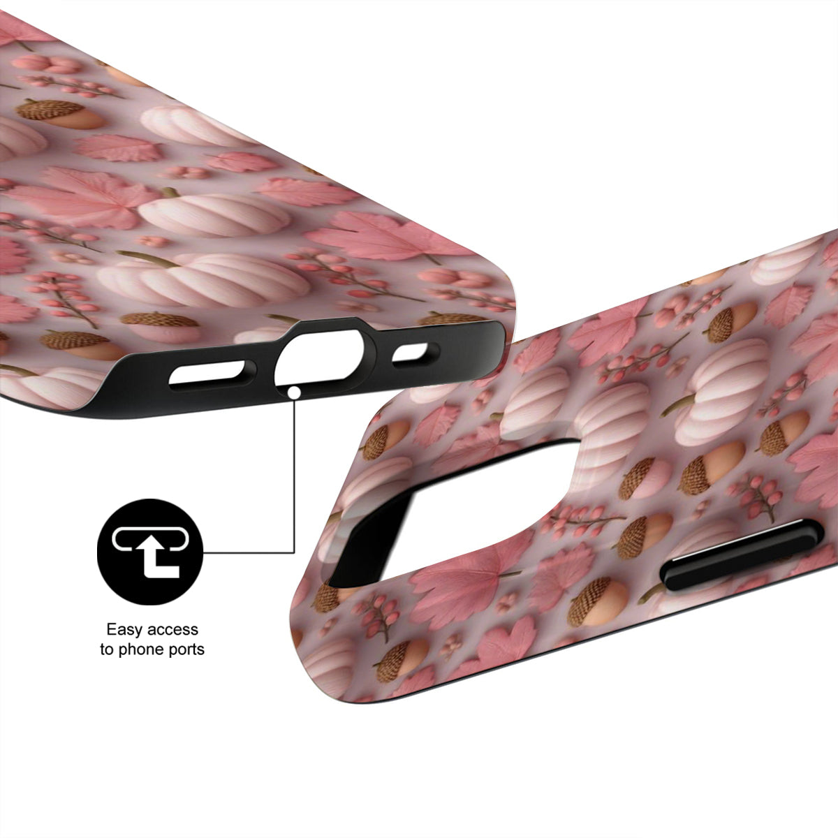 Phone case with floral design and easy access to phone ports feature