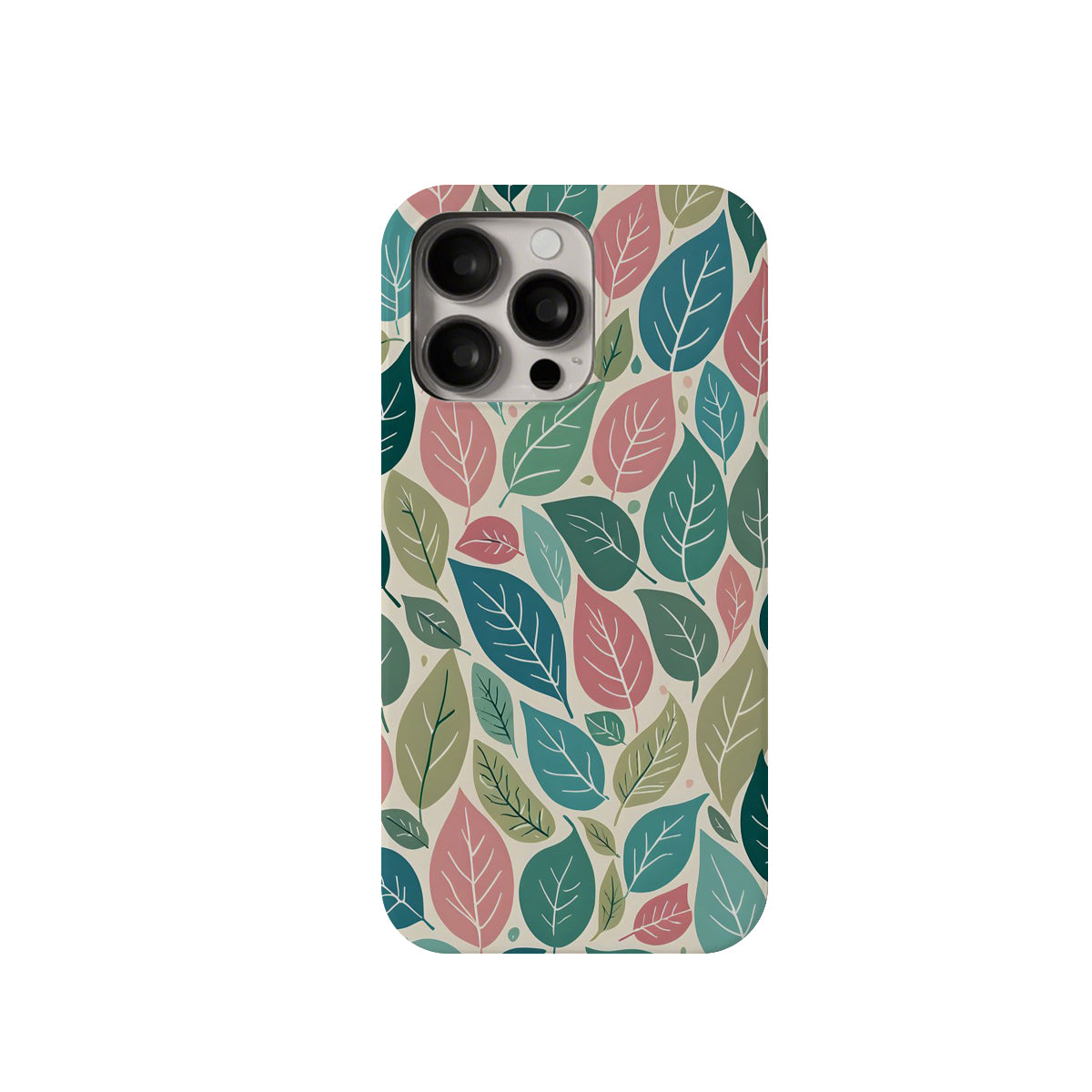 Phone case with a colorful leaf pattern on a white background