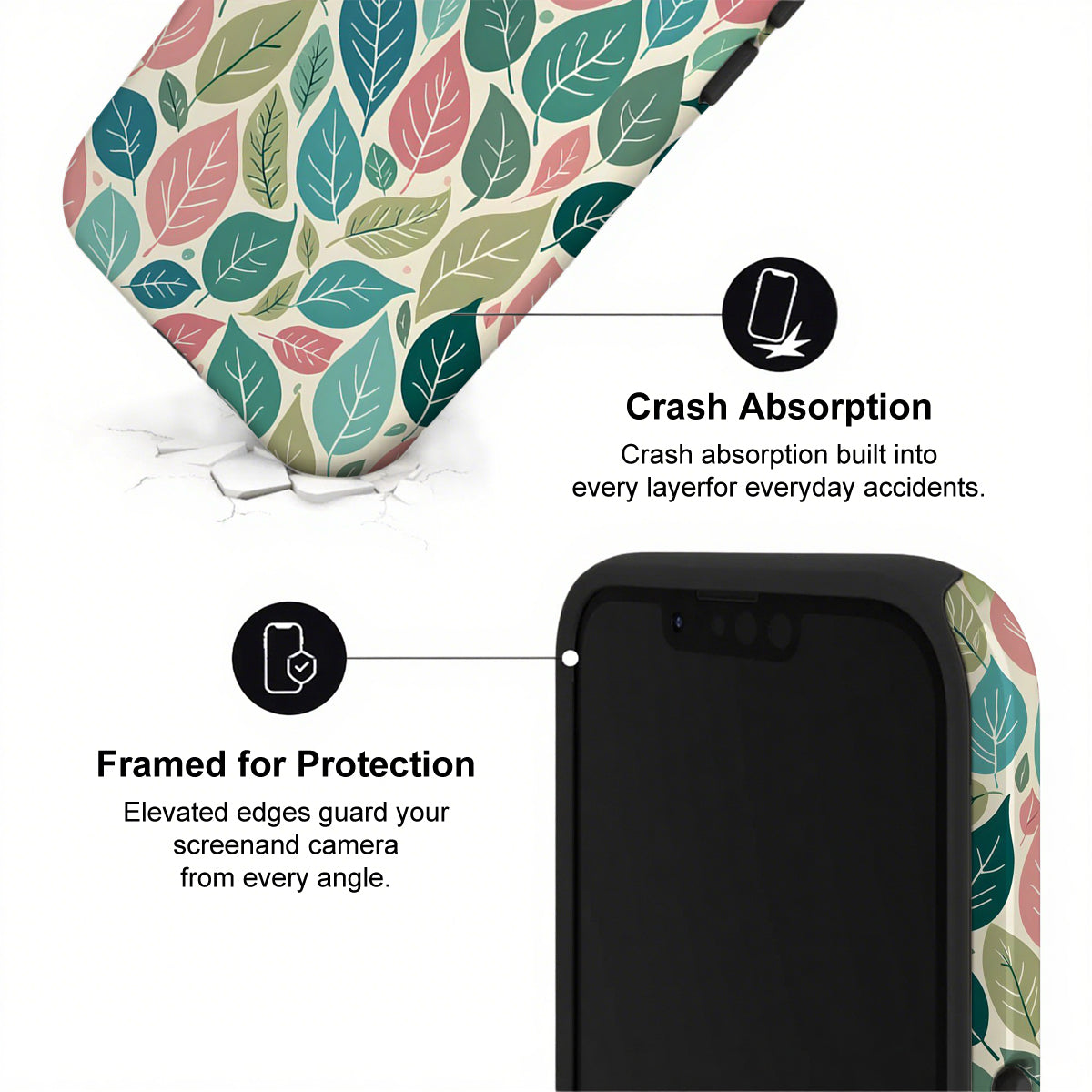 Phone case with leaf pattern and text highlighting crash absorption and protection features.