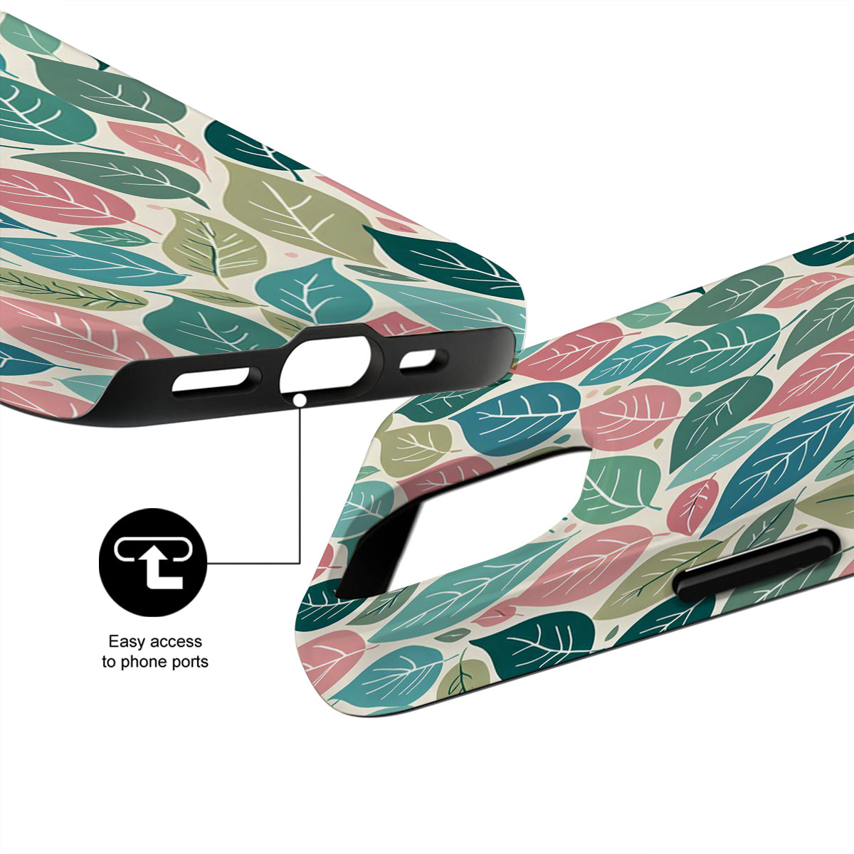 Phone case with leaf pattern and design details on a white background