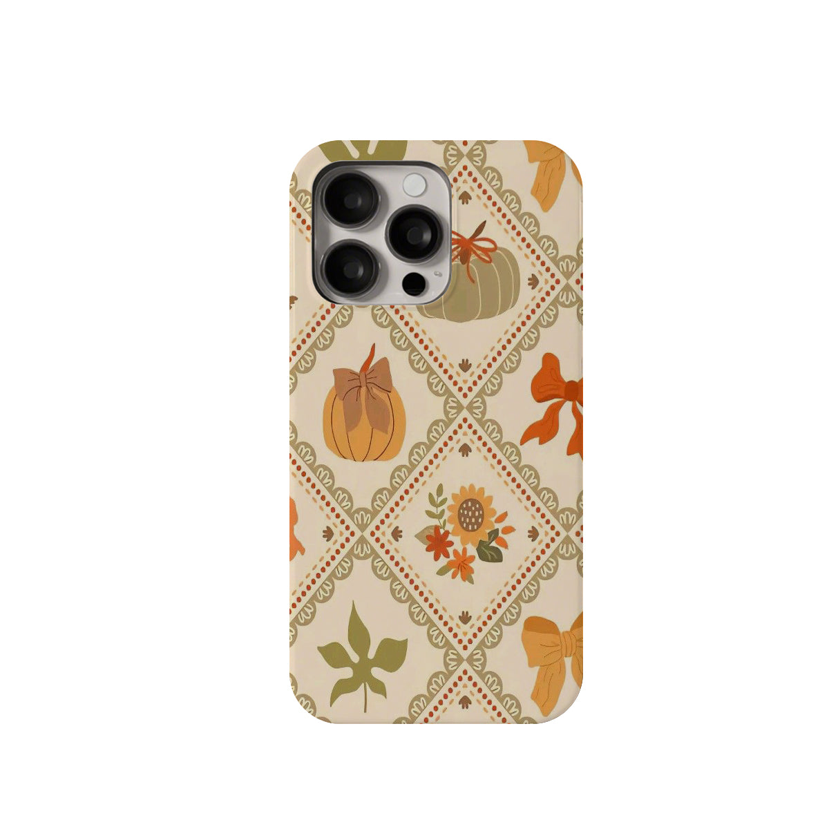 Phone case with autumn-themed design featuring pumpkins, leaves, and sunflowers on a beige background.