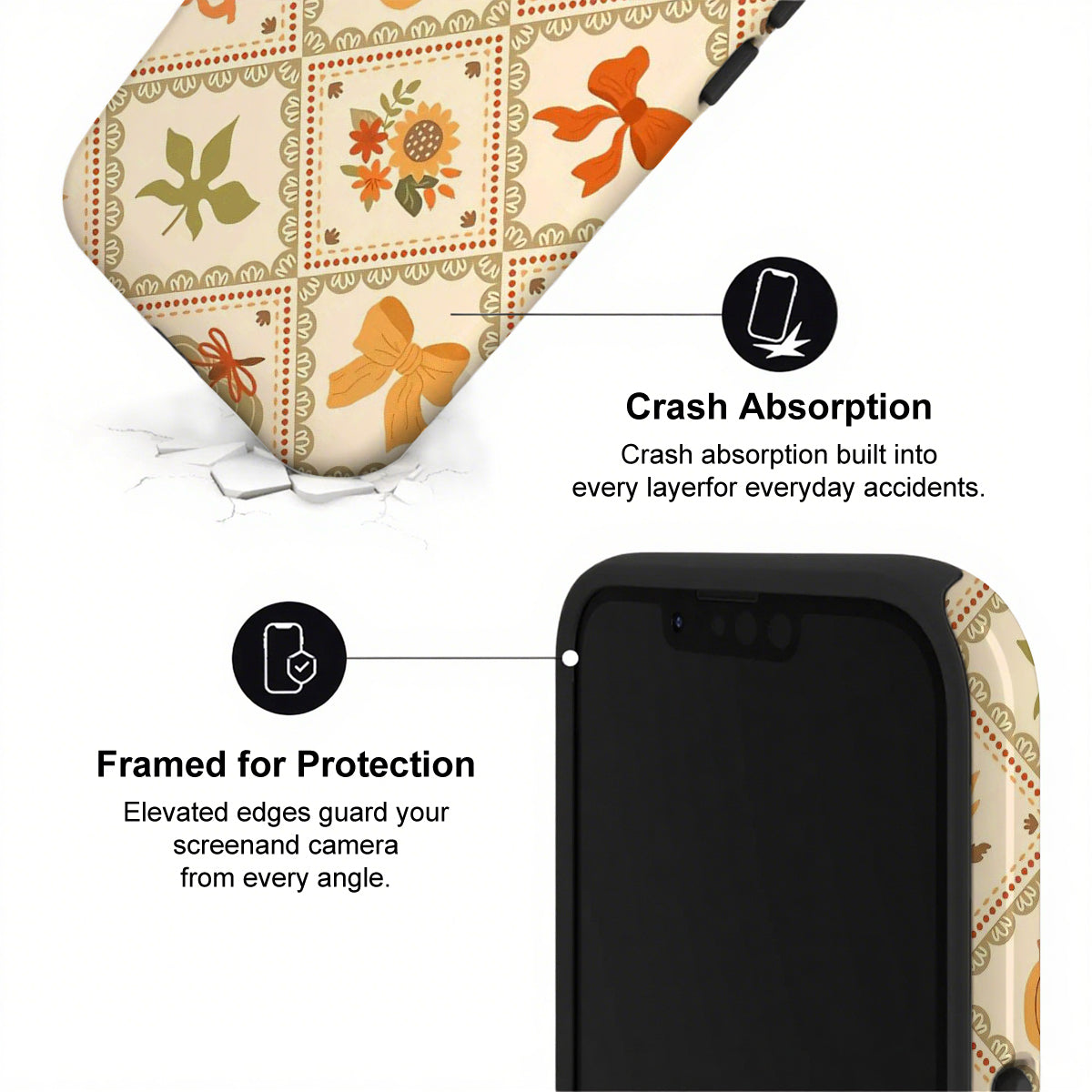 Phone case with floral design and text highlighting crash absorption and protection features.