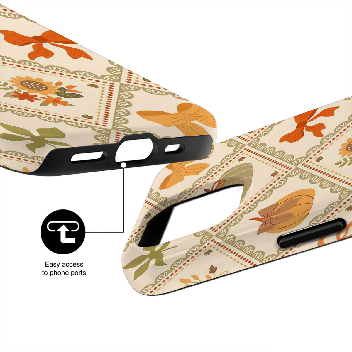 Decorative phone case with floral pattern and text 'Easy access to phone ports'.