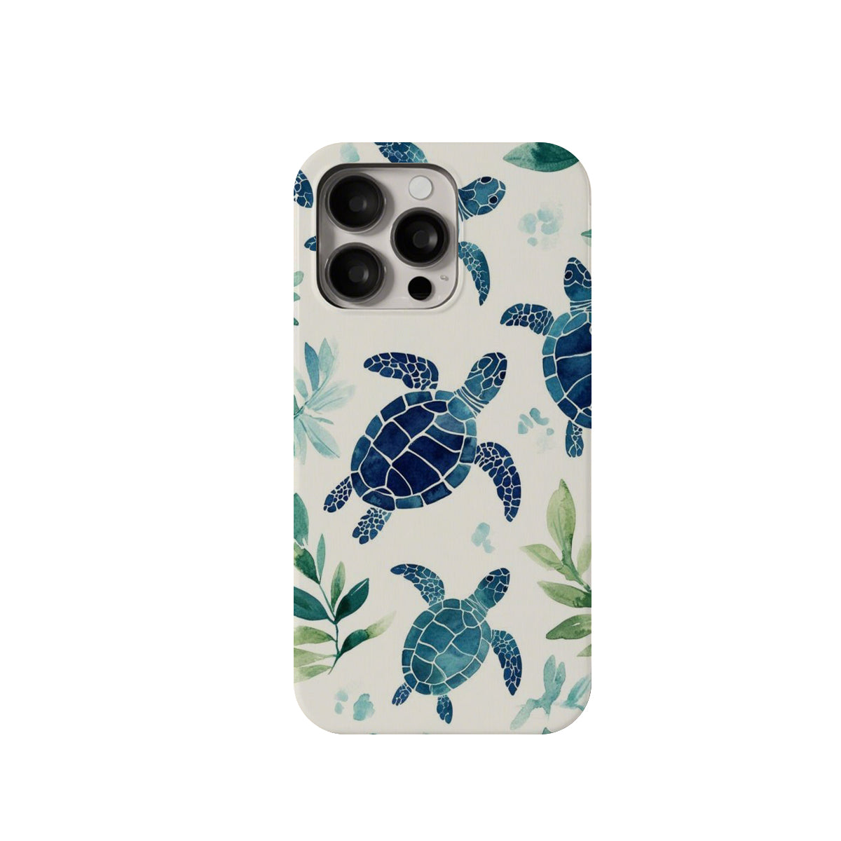 Phone case with blue turtle design on a white background