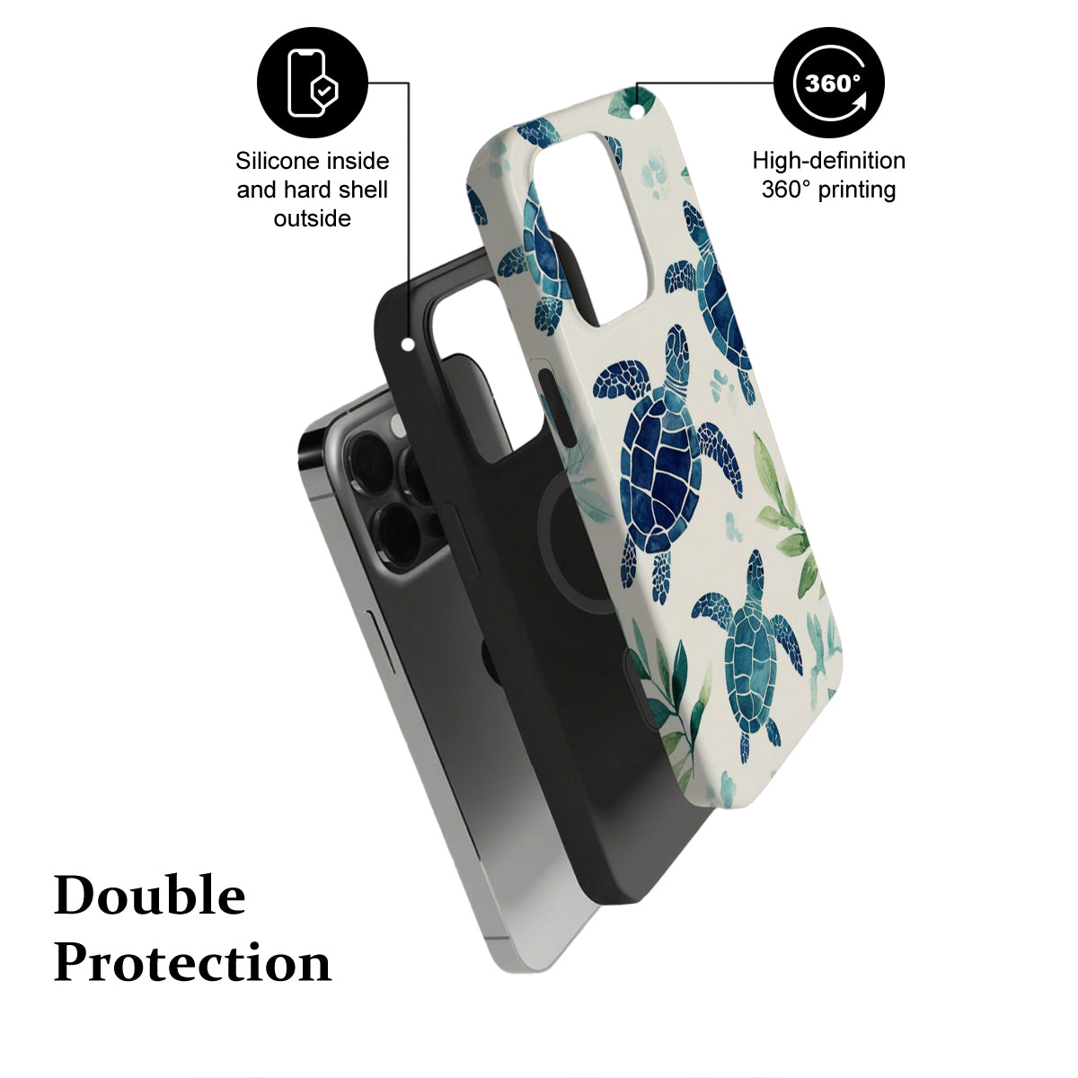 Phone case with turtle design and text highlighting features on a white background