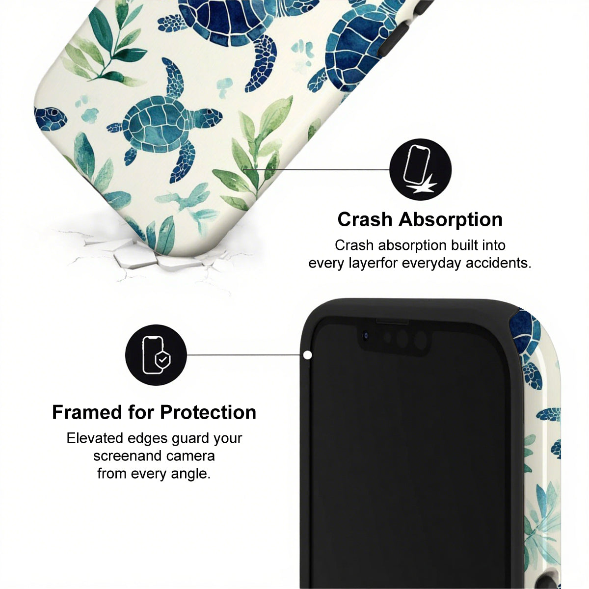Phone case with turtle design and text highlighting crash absorption and protection features.
