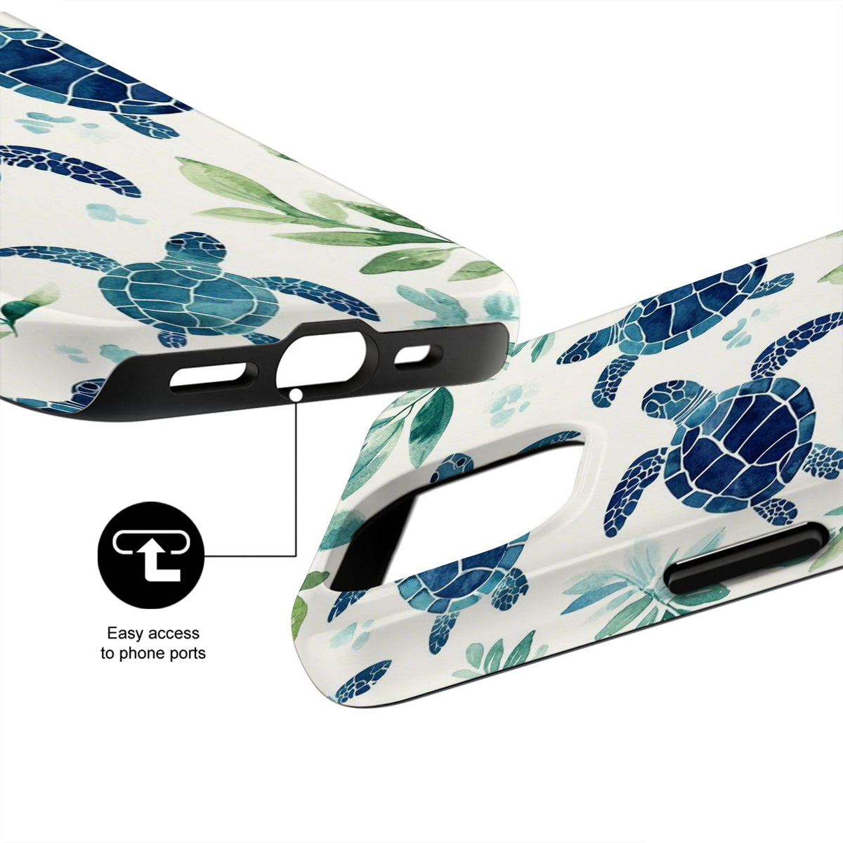 Phone case with turtle and leaf pattern on a white background