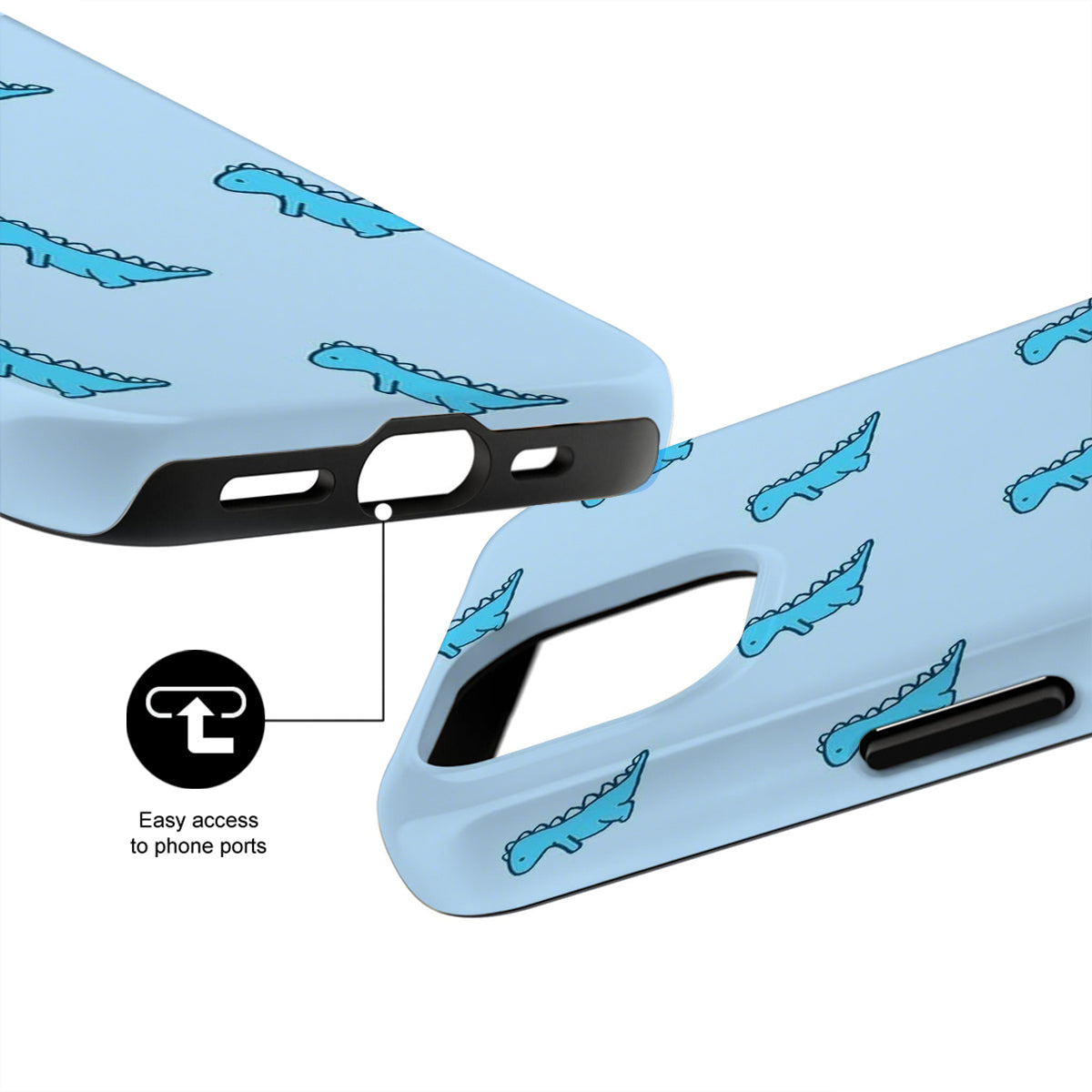 Light blue phone case with blue crocodile pattern and black accents on a white background