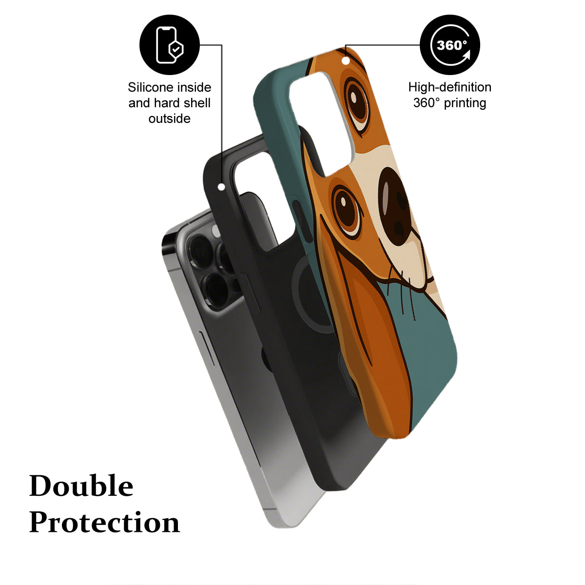 Phone case with dog design and text highlighting features on a white background