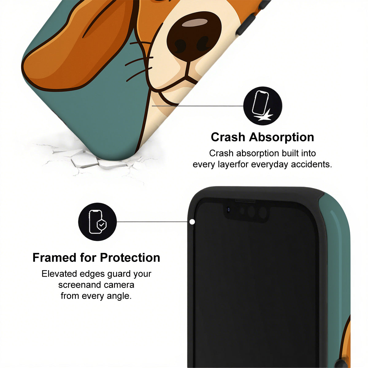 Phone case with cartoon dog design and text highlighting crash absorption and protection features.
