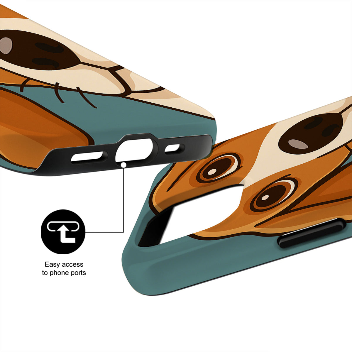 Phone case with butterfly design and text 'Easy access to phone ports' on a white background