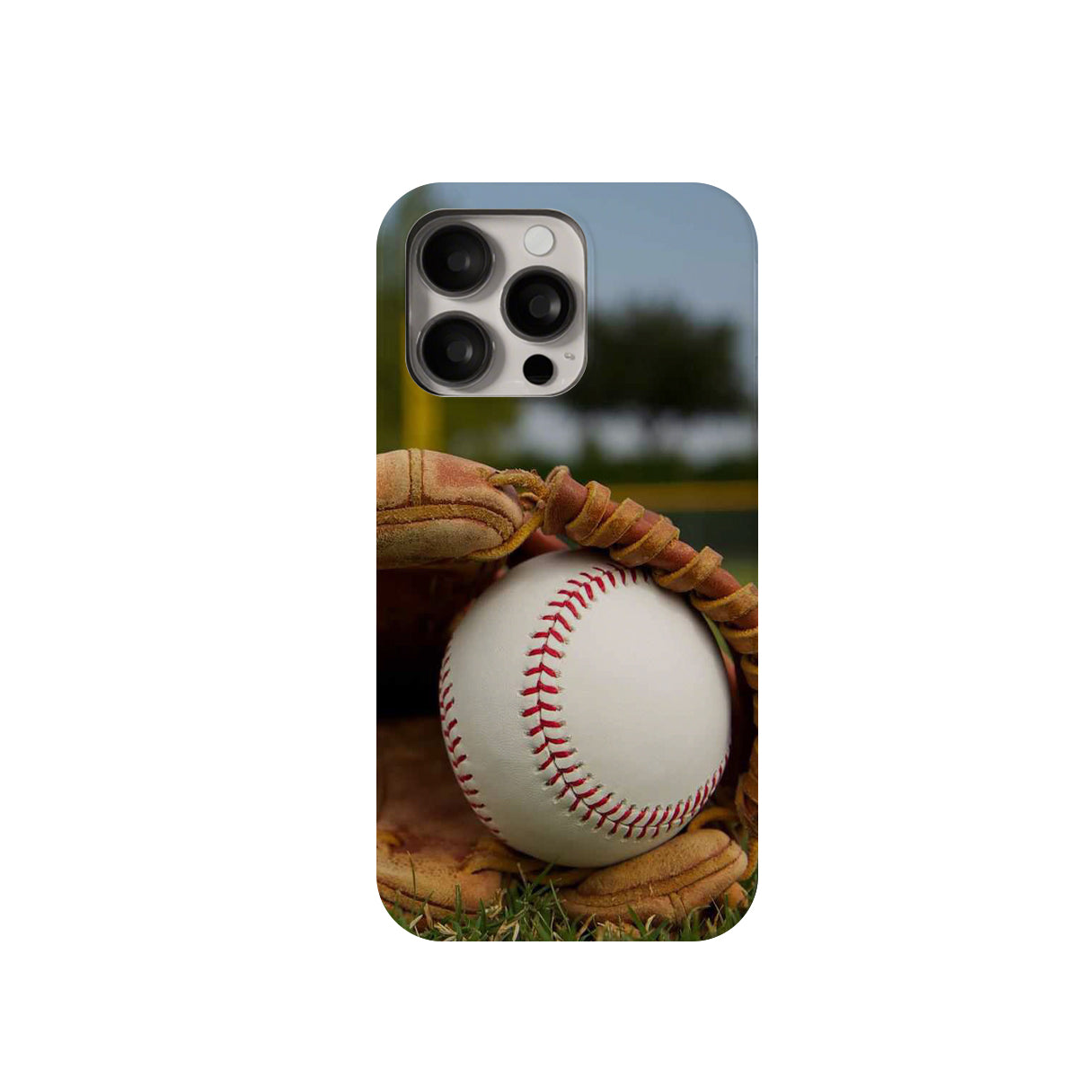 Phone case with a baseball and glove design on a grassy field background