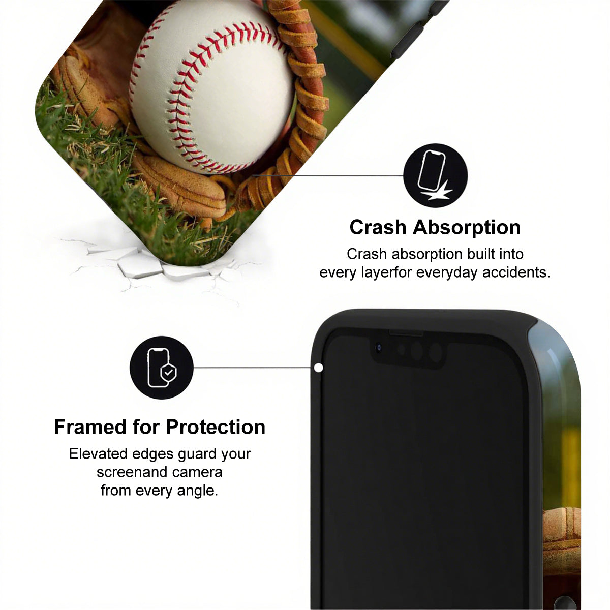 Phone case with baseball and glove, emphasizing crash absorption and protection.