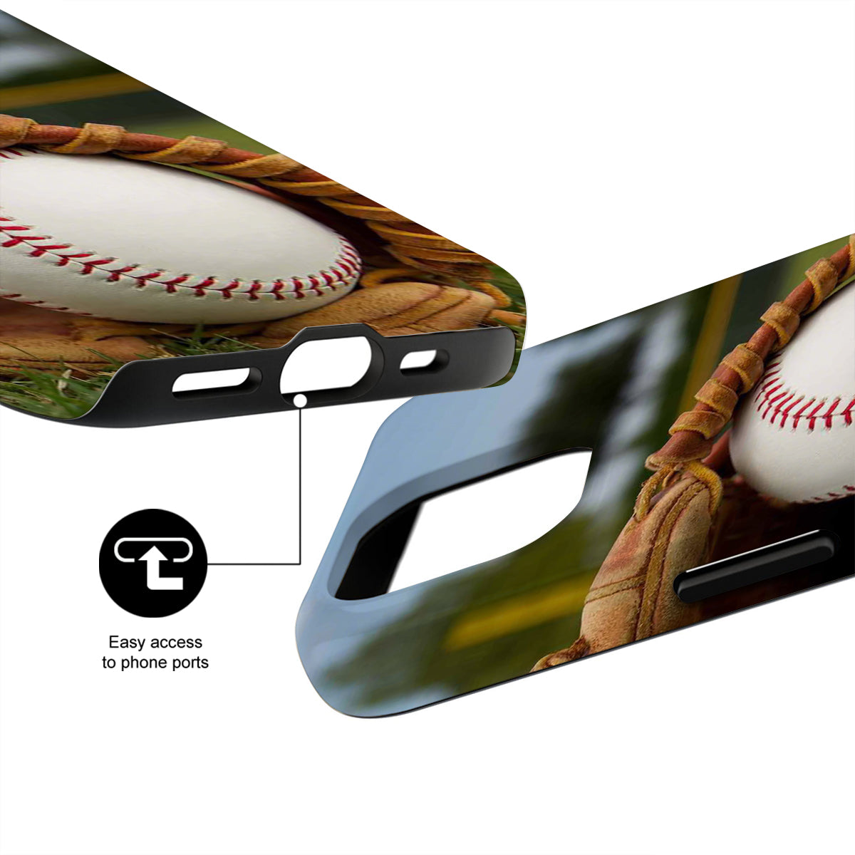 Phone case with baseball design featuring a baseball and glove on a white background