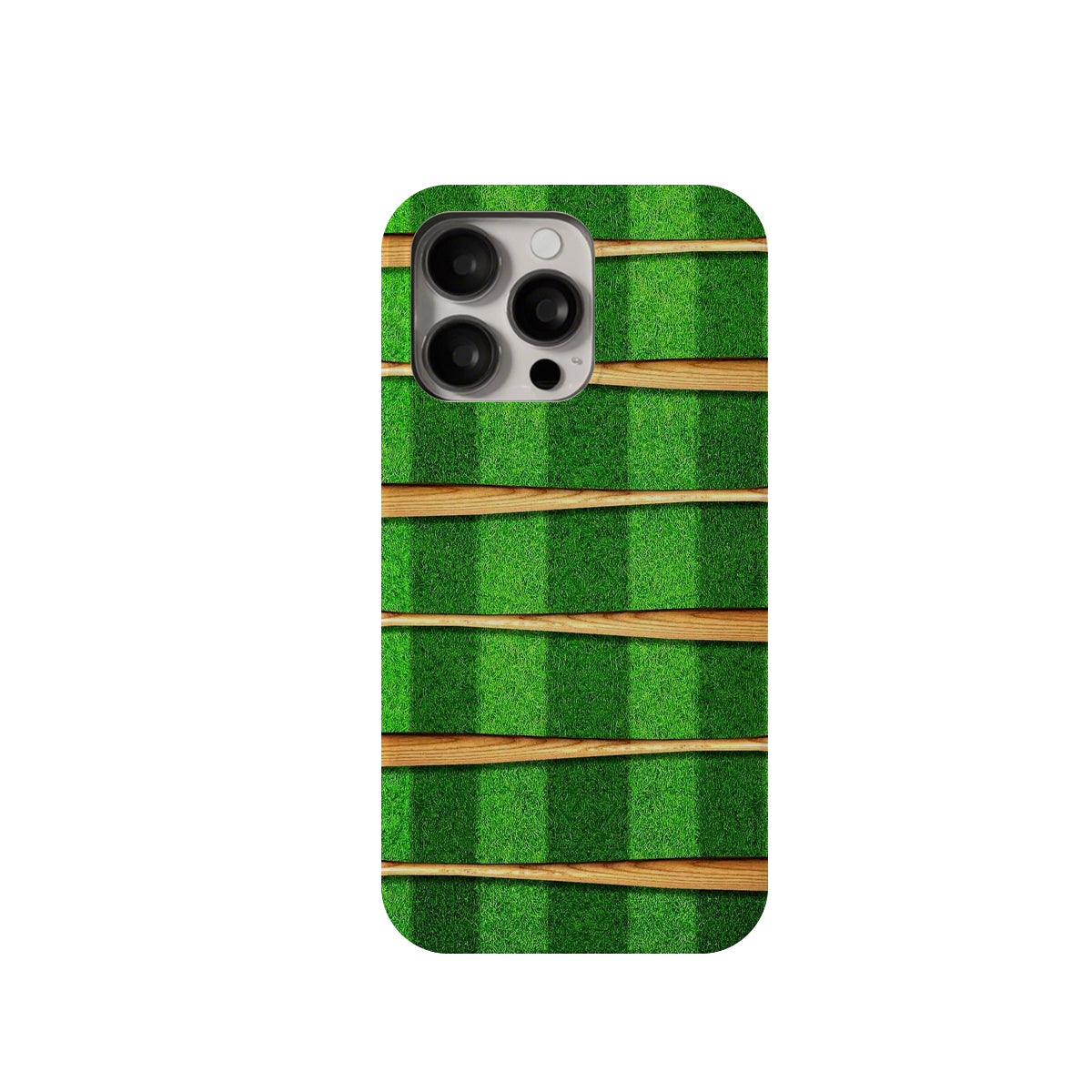 Phone case with green and brown striped pattern on a white background