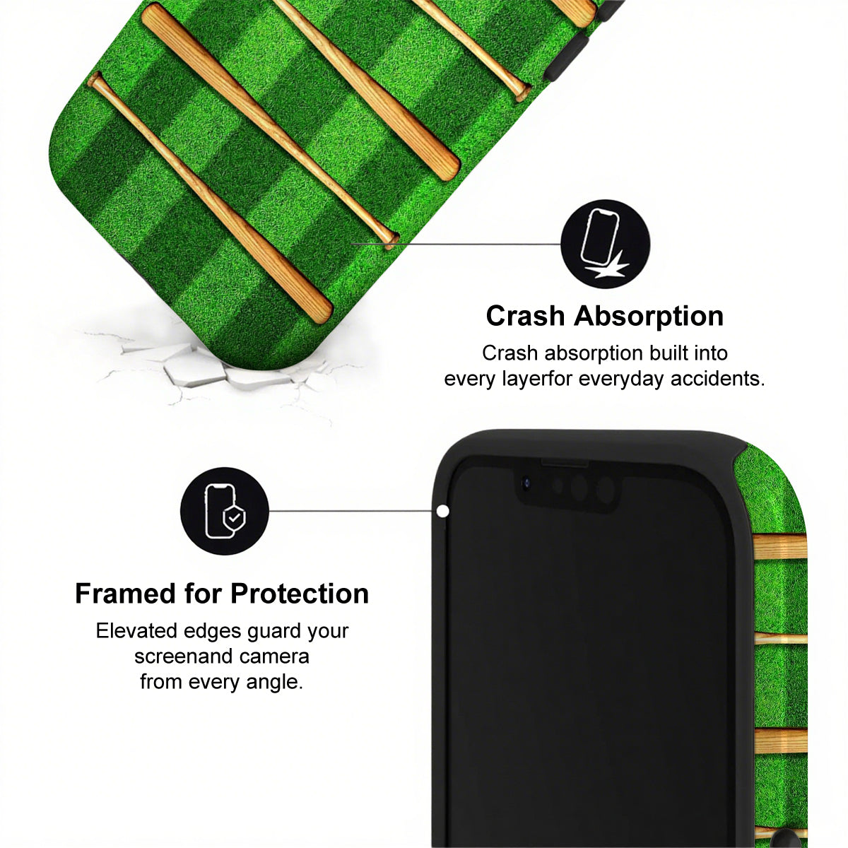 Phone case with green checkered design and text highlighting crash absorption and protection features.