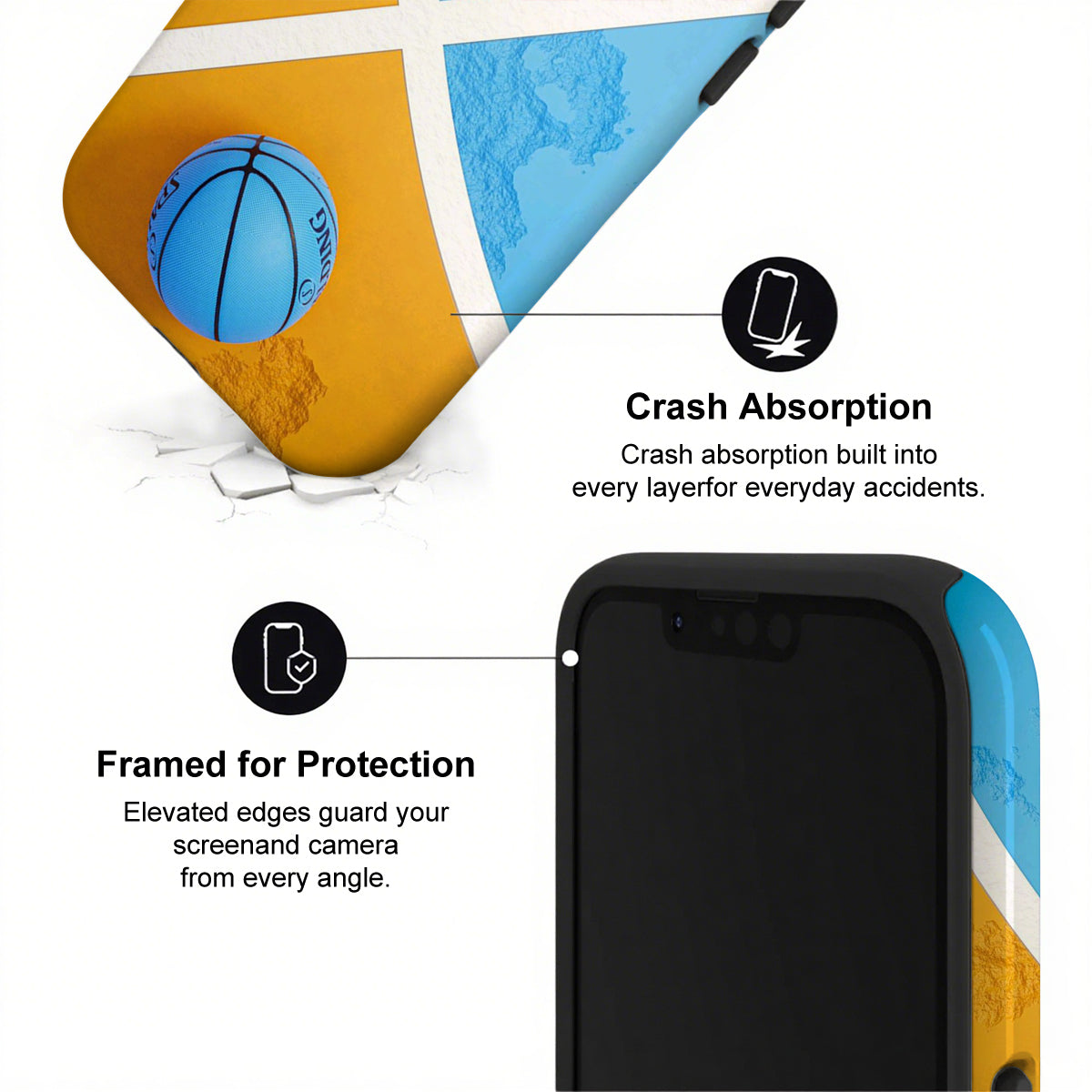 Phone case with crash absorption and framed protection features on a white background