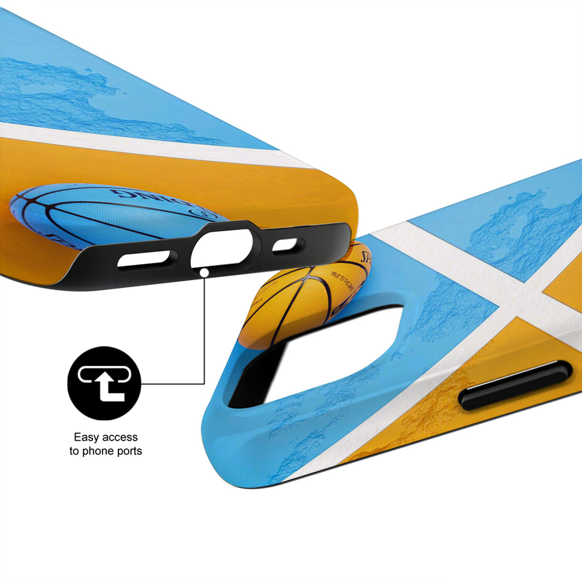 Phone case with basketball design and blue and yellow color scheme