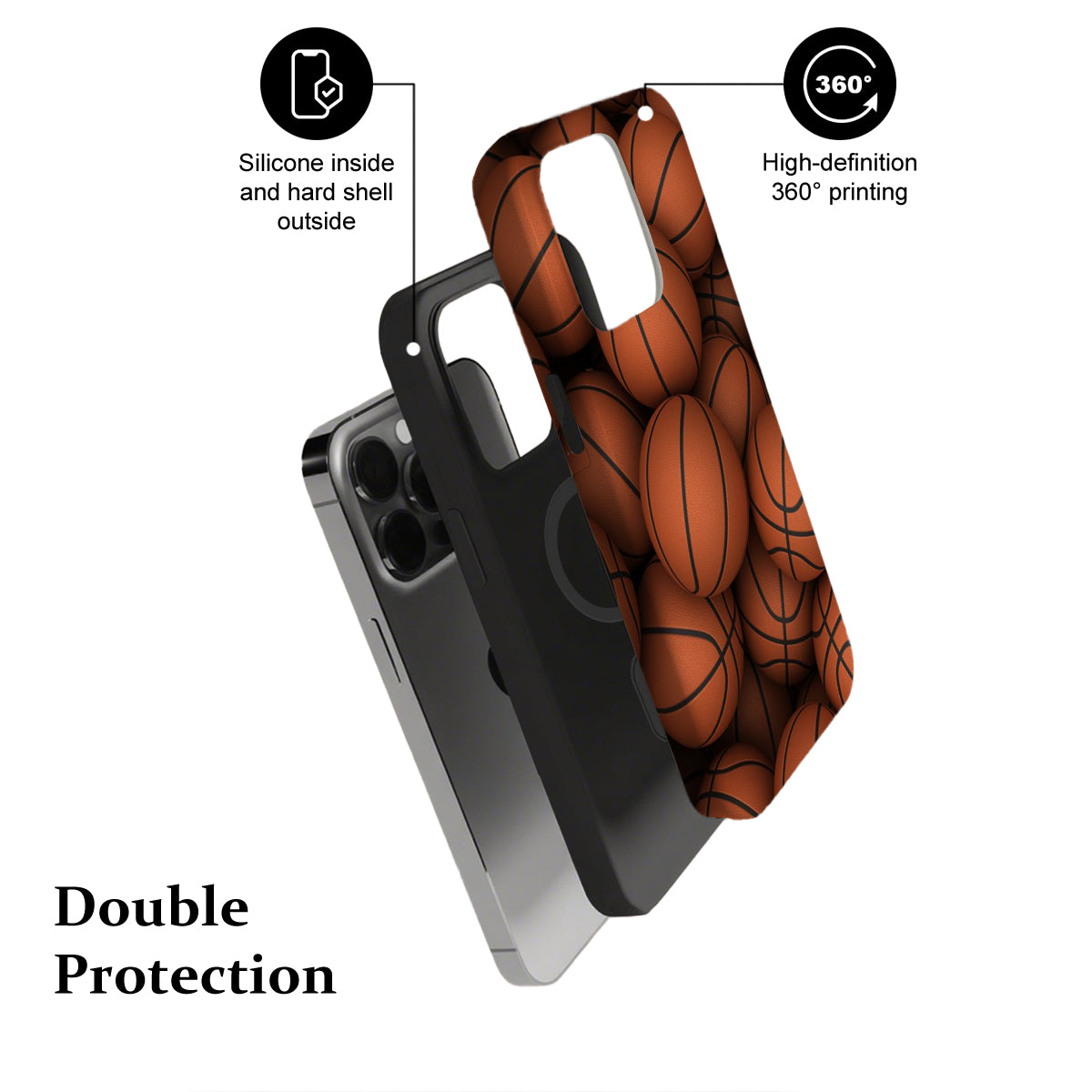 Phone case with basketball design and text highlighting features on a white background