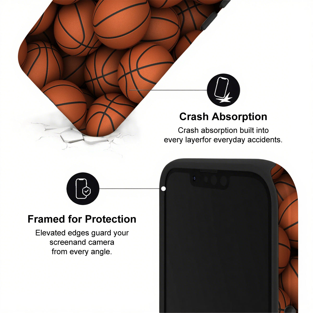 Phone case with basketball-themed design and text about crash absorption and protection.