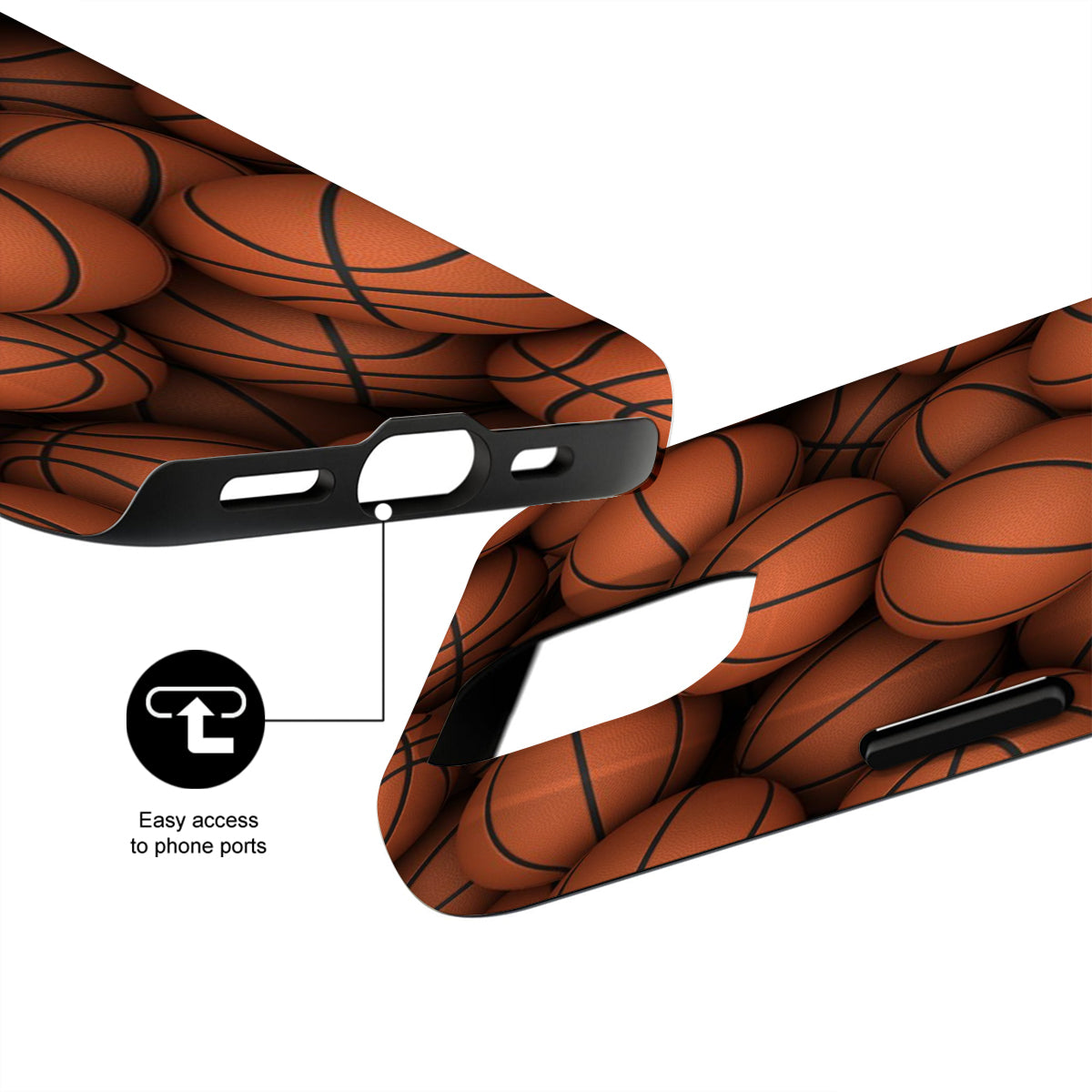 Basketball-patterned phone case with ports highlighted on a white background