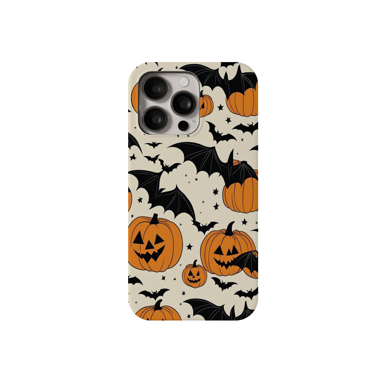 Phone case with Halloween design featuring pumpkins and bats on a beige background