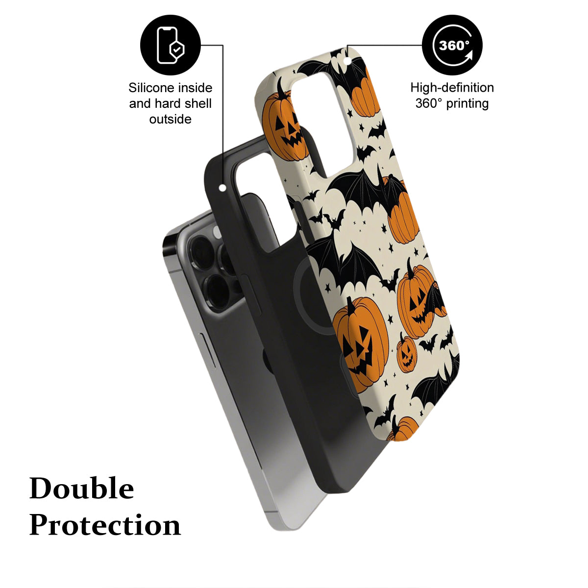 Phone case with Halloween design featuring pumpkins and bats, showing features like silicone inside and hard shell outside.