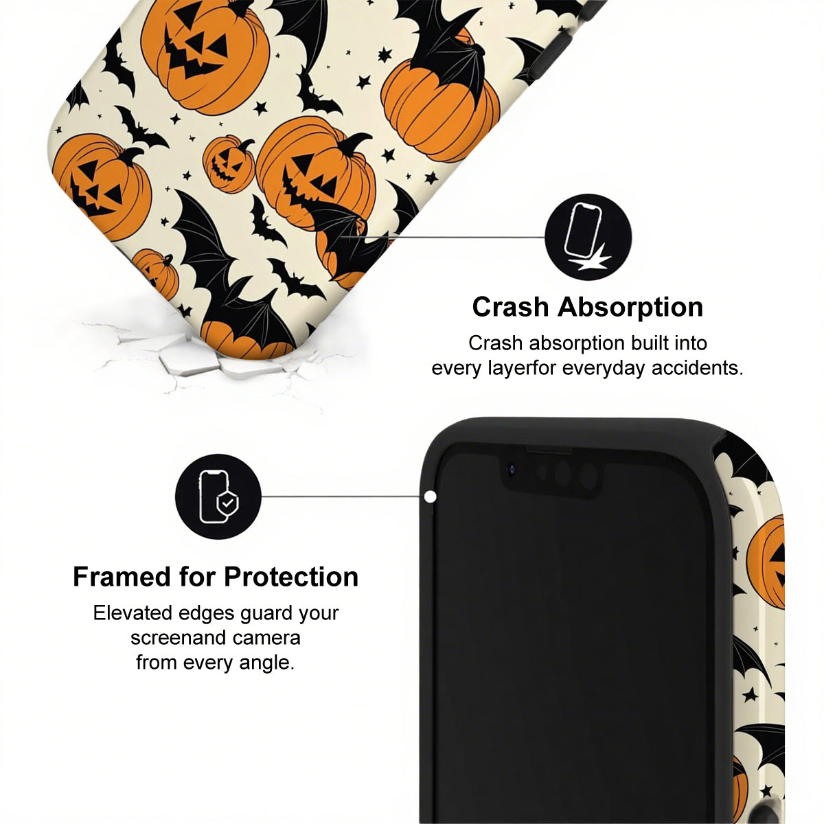 Phone case with Halloween design featuring pumpkins and bats, showing crash absorption and protection features.