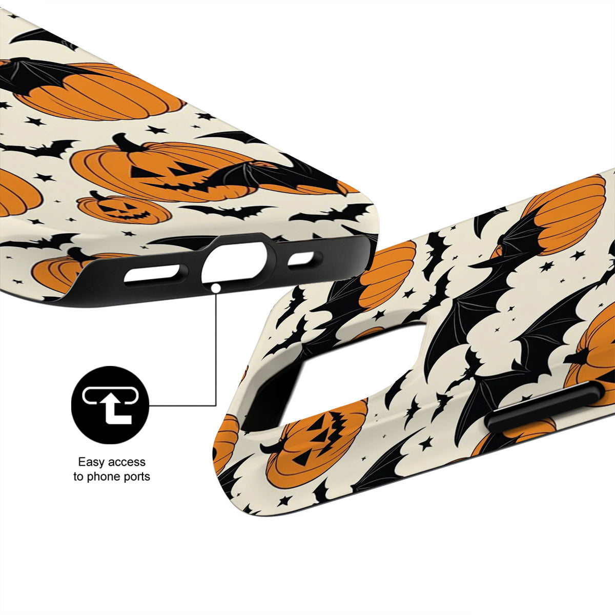 Phone case with Halloween design featuring pumpkins, bats, and stars on a white background.