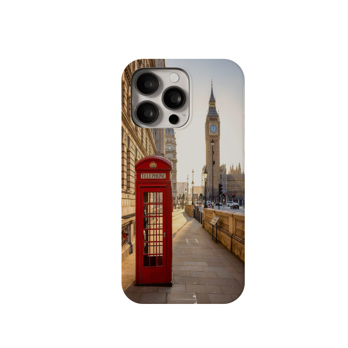 Phone case with a red telephone box and Big Ben in the background