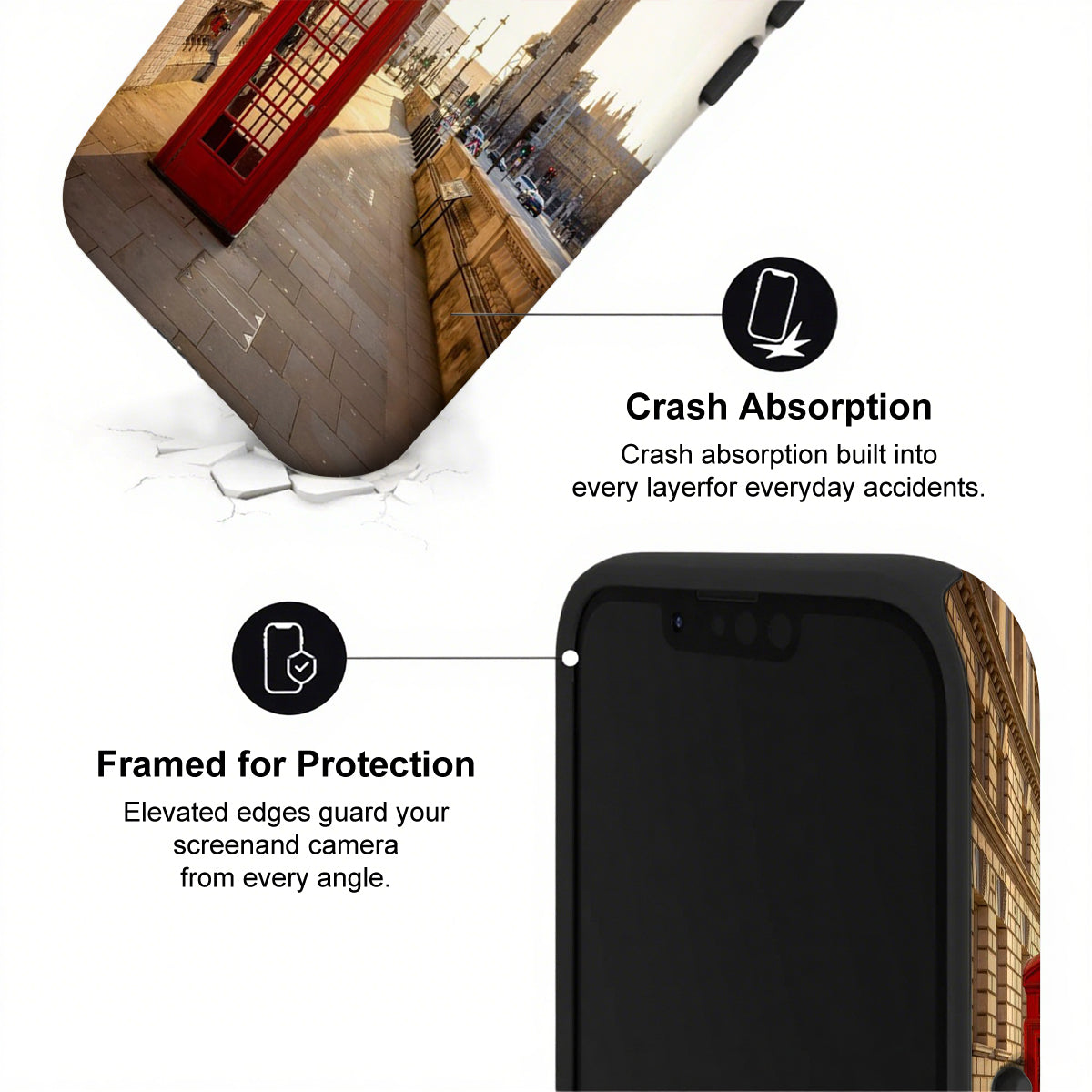 Phone case with crash absorption and framed protection features, shown with a blurred city street background.