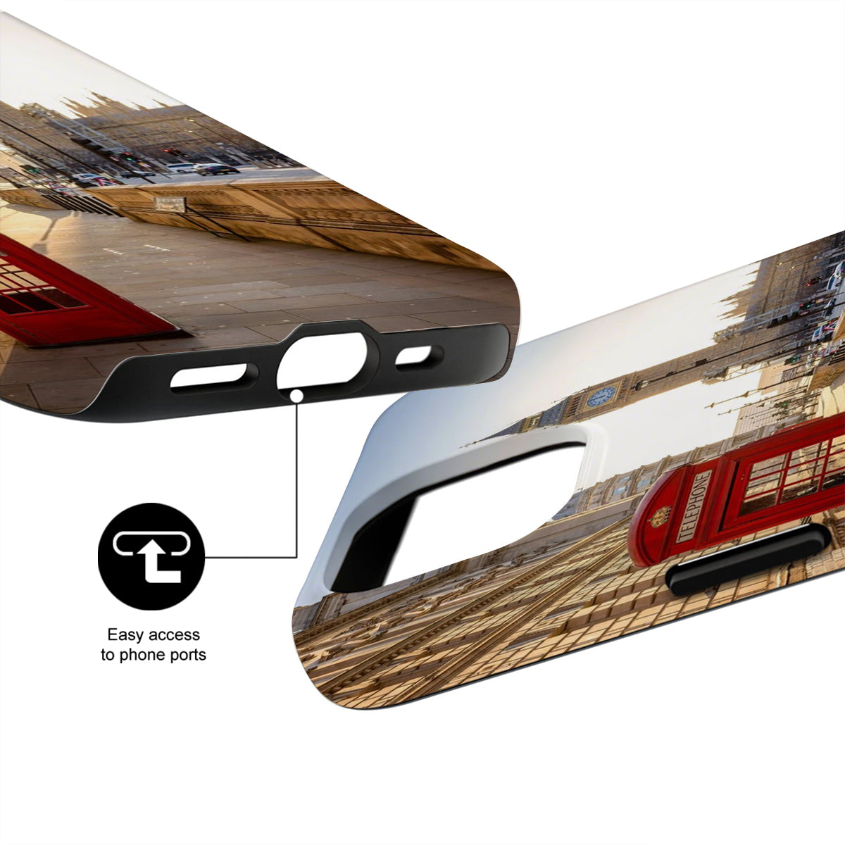 Phone case with a design of a red telephone box on a wooden background, showing easy access to phone ports.