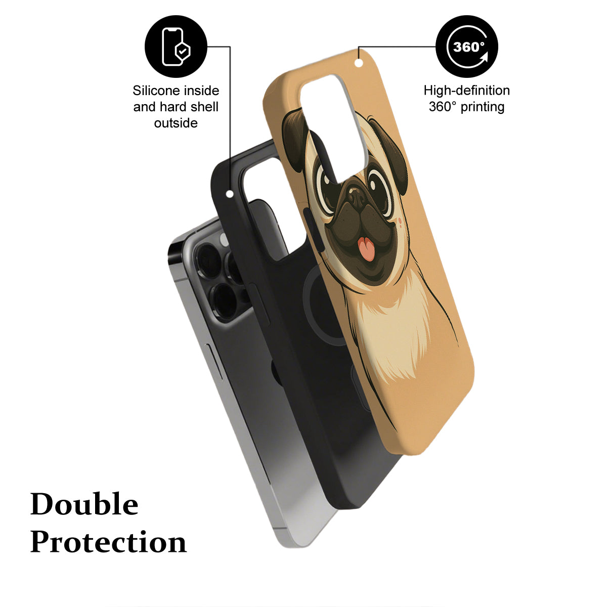 Phone case with pug design and text highlighting features on a white background