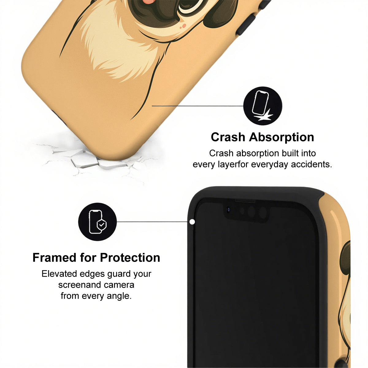 Phone case with crash absorption and framed protection features on a white background