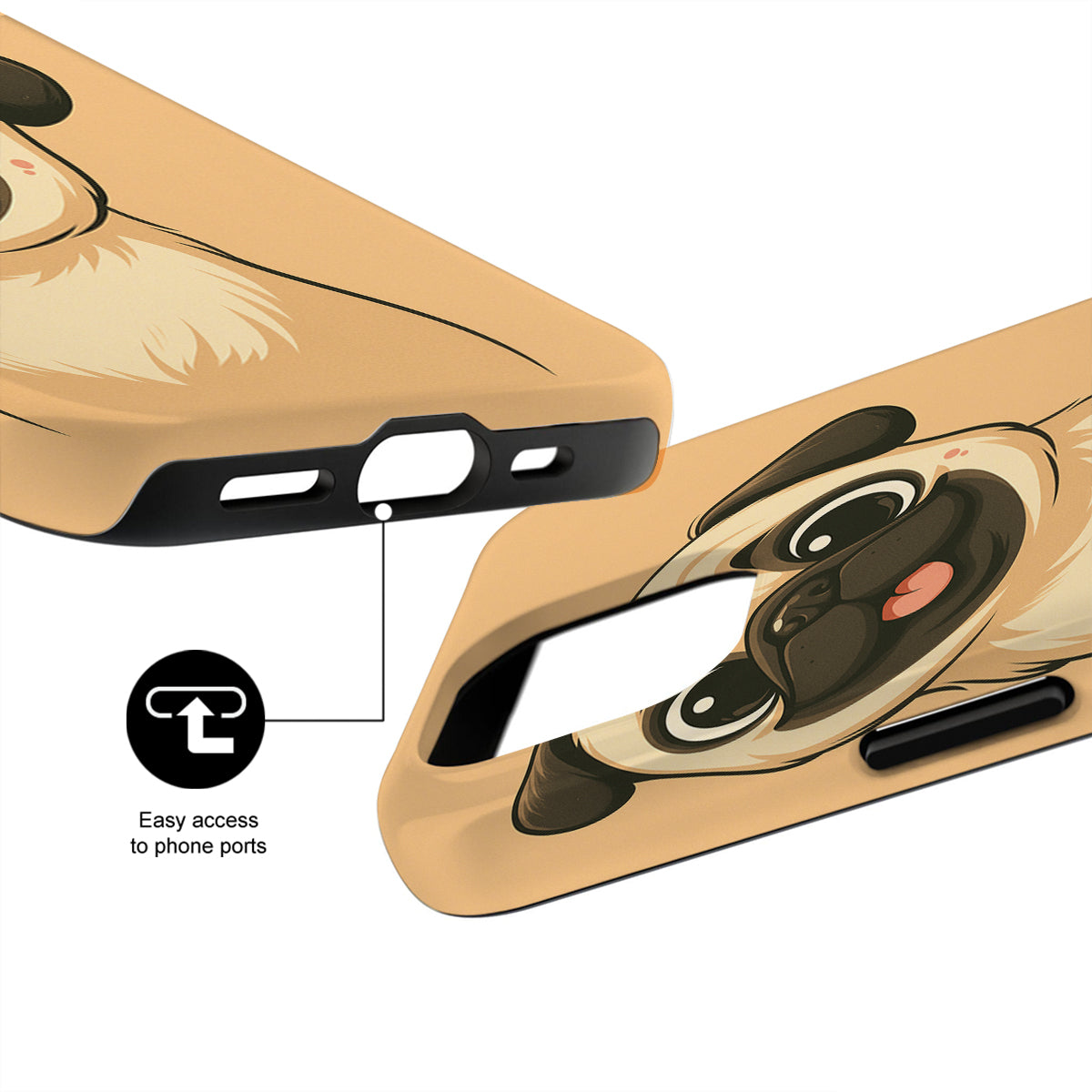 Phone case with cartoon dog design and text indicating easy access to phone ports.