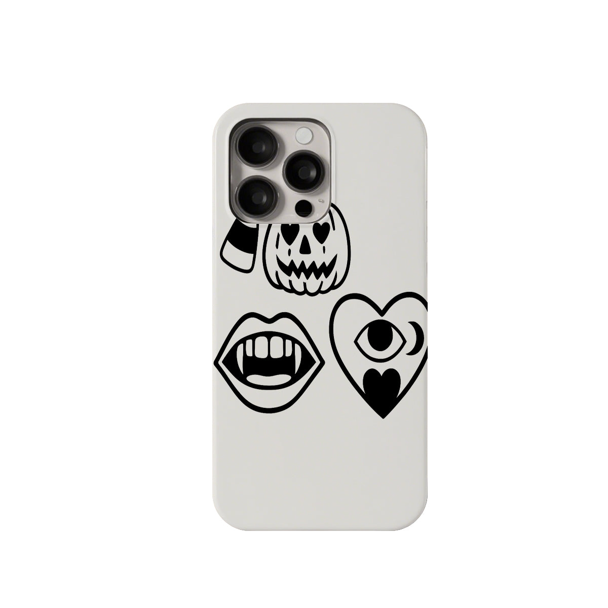 Phone case with black illustrations of a skull, lips, and heart on a white background