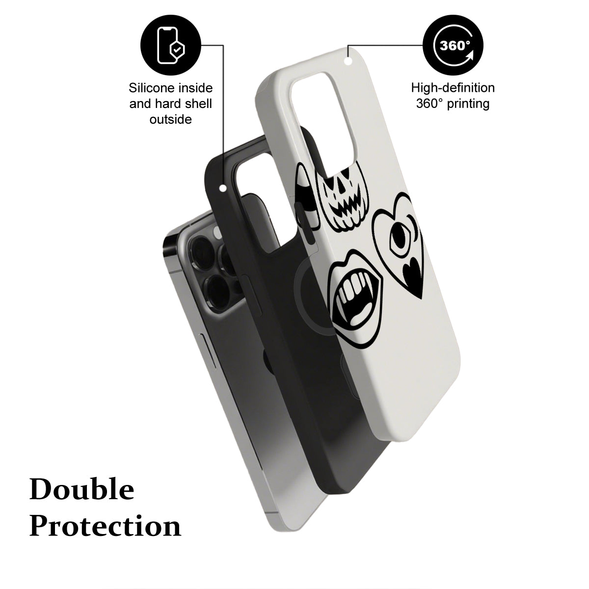 Phone case with skull and mouth design, featuring silicone and hard shell construction.