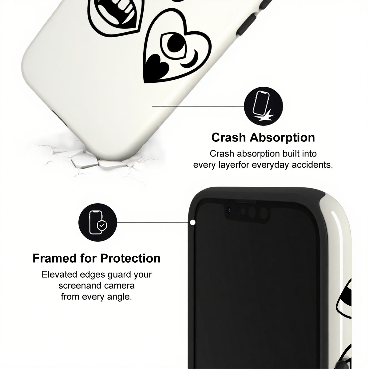 Phone case with crash absorption and protection features on a white background