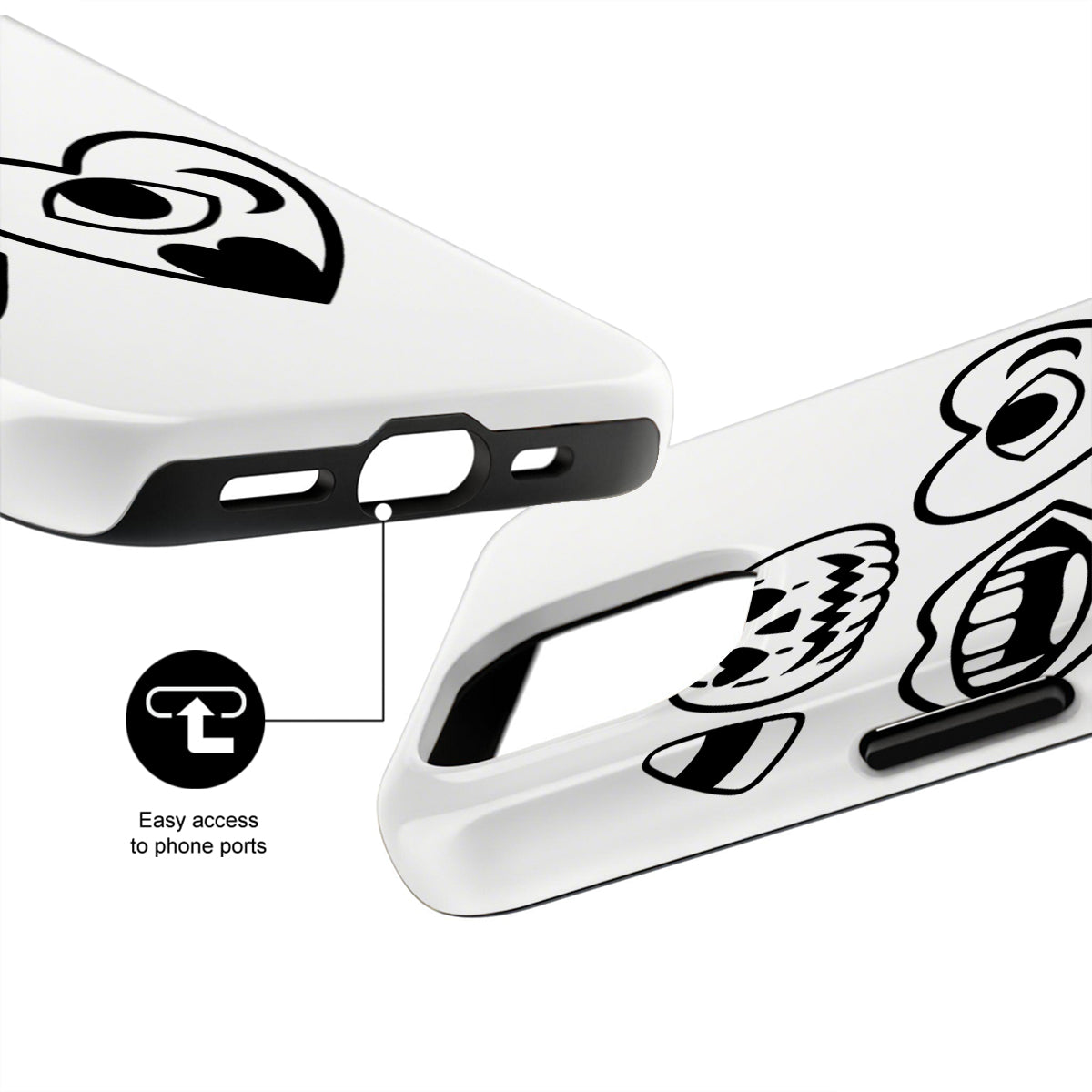 White phone case with black designs and text on a white background