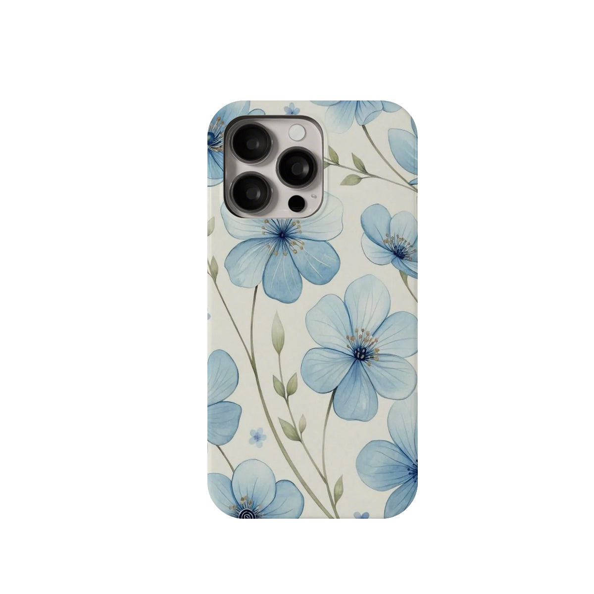 Phone case with blue floral design on a white background
