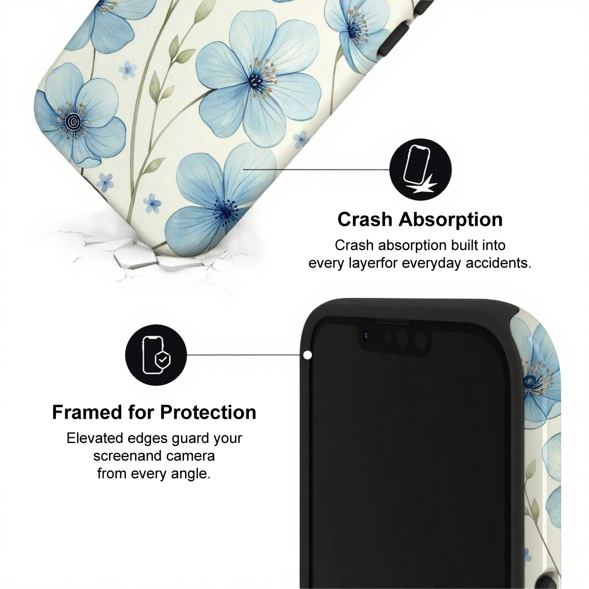 Phone case with floral design and text highlighting crash absorption and protection features.